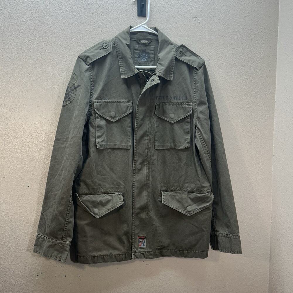 Vtg‎ Y2k Express Military Jacket Mens S Army Green Utility Cargo Patches Grunge